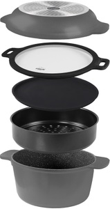 Stoneline, 5tlg. Kochgeschirr- & Backset Stoneline Dunkelgrau, STONELINE Topf-Set, Aluminiumguss, (Set, 5 tlg., 1x Kochtopf mit Deckel, Dampfeinsatz, Topfuntersetzer, Servierplatte), mit Original STONELINE Antihaftbeschichtung, Induktion