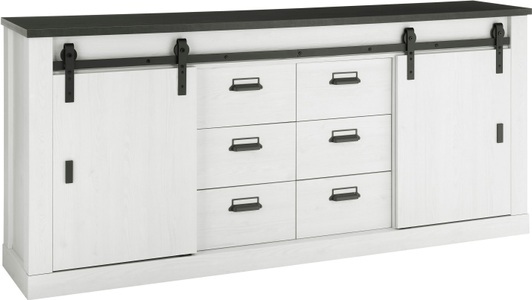 PREMIUM COLLECTION BY HOME AFFAIRE, Premium collection by Home affaire Sideboard »SHERWOOD«, in modernem Holz Dekor, mit Scheunentorbeschlag und Apothekergriff aus Metall, Breite 201 cm, 