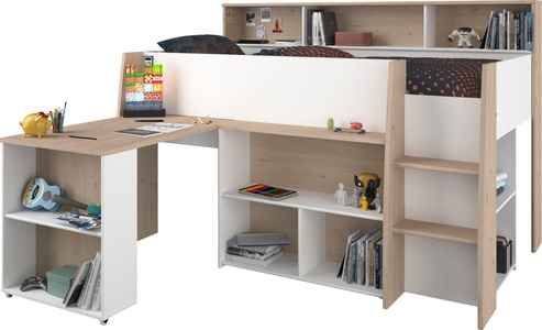 Vente-unique, Kombibett - 90 x 200 cm - mit Schreibtisch & Stauraum - Weiß & Holzfarben - APOLINO Kombibett - 90 x 200 cm - mit Schreibtisch & Stauraum - Weiß & Holzfarben - APOLINO, Bettkombi LARA 90x200cm weiss