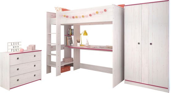 PARISOT, Parisot Jugendzimmer-Set »Smoozy«, (Set, 3 tlg., Hochbett mit Schreibtisch, Kleiderschrank und Schubkastenkommode), Parisot Jugendzimmer-Set »Smoozy«, (Set, 3 tlg., Hochbett mit Schreibtisch, Kleiderschrank und Schubkastenkommode)