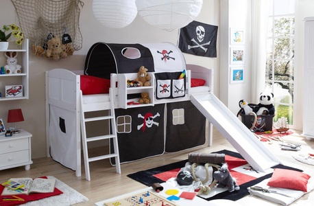 TICAA, Ticaa Hochbett »Lino« mit Rutsche und Textil-Set, Kiefer massiv weiss gewachst, Ticaa Hochbett »Ekki« mit Rollrost und in verschiedenen Ausführungen, Kiefer