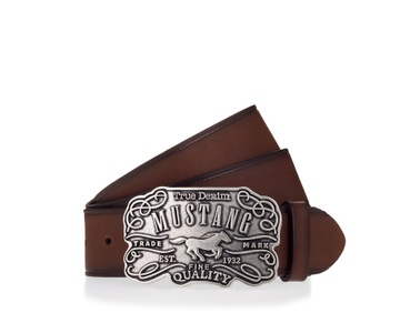Mustang, MUSTANG Ledergürtel feine Logoprägung, Echtleder, aufwendige Gürtelschnalle
