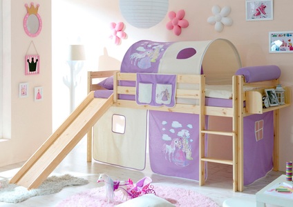 TICAA, Ticaa Hochbett »Manuel« mit Rolllattenrost und Textil-Set, Ticaa Hochbett »Manuel«, Rollrost und Textil-Set wahlweise mit Matratze, Kiefer massiv natur