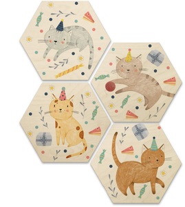 Wall-Art, Wall-Art Mehrteilige Bilder »Katzengeburtstag Kinderzimmer« (Set), Wall-Art Mehrteilige Bilder »Katzengeburtstag Kinderzimmer«, (Set, 4 St.), Holzschild Collage