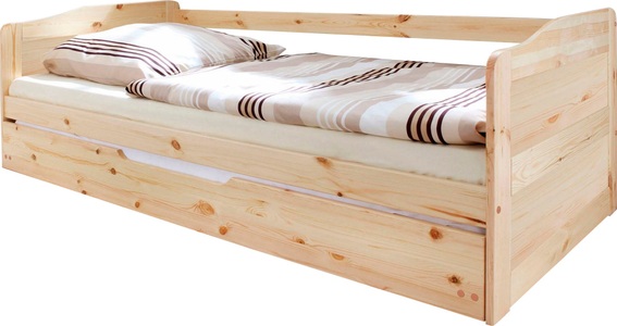 TICAA, Ticaa Funktionsbett »Melinda«, Kiefer, Ticaa Funktionsbett »Melinda, Daybett, Jugendbett, 2 Schlafplätze, Schublade auf Rollen«, (90x200cm), FSC®-zertifizierte Kiefer, 2 Rollroste, Massivholz