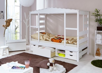 TICAA, Ticaa Kinderbett in Hausoptik »Lio« aus massiver Kiefer, mit Schubkästen »Marlies«, Ticaa Kinderbett »Lio«, Hausbett 90x200, inkl. Schubkasten und Rollrost