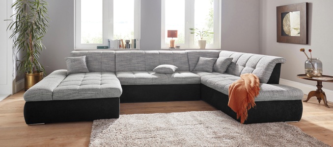 DOMO collection, DOMO collection Wohnlandschaft, DOMO collection Wohnlandschaft »PB Moric wahlweise mit Bettfunktion und Armteilverstellung U-Form«, XXL-Format B/T/H: 353/216/80 cm, feine Steppung, incl. Zierkissen