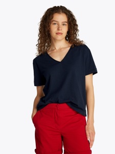 Tommy Hilfiger T-Shirt »SLUB CROP V-NK SS«, mit offener Kante, mit Logostickerei