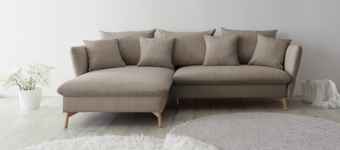 andas Ecksofa »MERLE, 258 cm, L-Form, traumhafter Cord,«, mit Bettfunktion und Bettkasten, Liegefläche 224 x 139