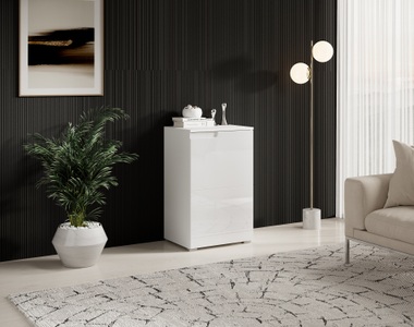 Fredriks, home24 Kommode Larado I, HBZ Kommode »Spice Weiss Hochglanz, BxHxT 50x80x40 cm«, Kommode mit 1 Tür und 1 Einlegeboden verstellbar