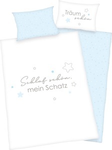 HERDING, HERDING Baby-Bettwäsche SCHLAF SCHÖN (40x60/100x135) in hellblau, Baby Best Babybettwäsche »Kleiner Schatz«, mit liebevollem Motiv und Schriftzug