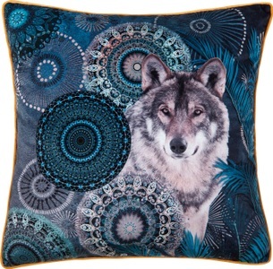 hip, Zierkissen mit Wolf und Mandala-Federmuster, hip Dekokissen »Kiska«, Mit Füllung, 1 Stück, Mit Biese, 30x60, Wendeoptik, Weich, Tier Petrol