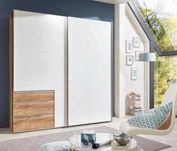 Wimex, home24 Schwebetuerenschrank level 36A, MID.YOU Schwebetürenschrank in weiss, eichefarben , Level 36A 200Cm Weiss/eiche , Holzwerkstoff , 2 Fächer , 3 Schubladen , 200x216x65 cm , Dekorfolie,Nachbildung , Typenauswahl, umfangreiches Zubehör erhältlich, in verschiedenen Holzarten erhäl