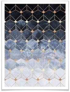 Wall-Art, Wall-Art Poster »Hexagon Blau Gold«, Schriftzug, (1 St.), Wall-Art Poster »Hexagon Blau Gold«, Schriftzug, (1 St.), Poster ohne Bilderrahmen
