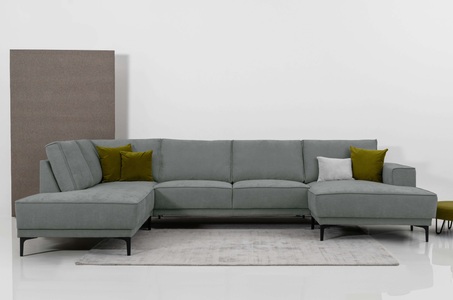 PLACES OF STYLE, Places of Style Wohnlandschaft »XXL Sofa Oland, Struktur, Flachgewebe, Luxus-Microfaser, Boucle«, U-Form, 345 cm, Wellenunterfederung, Skandi-Design, Metallfüsse, GOODproduct Wohnlandschaft »XXL Sofa Oland, Struktur, Flachgewebe, Luxus-Microfaser, Boucle« U-Form, 345 cm, Wellenunterfederung, Skandi-Design, Metallfüsse