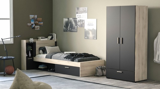 Vente-unique, Kombi-Bett mit Stauraum - 90 x 190200 cm - Schwarz & Holzfarben - MARTELO Kombi-Bett mit Stauraum - 90 x 190200 cm - Schwarz & Holzfarben - MARTELO