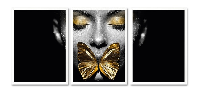 LEONIQUE, Leonique Bild mit Rahmen »Gesicht Schmetterling Goldfarben - Gerahmter Digitaldruck - Wandbild«, (3er-Set), 3x 30x40 cm - Holzrahmen - Dekoration - Weisser Rahmen - Triptychon, Leonique Bild mit Rahmen »Gesicht Schmetterling Gold - Gerahmter Digitaldruck - Wandbild«, Bilder von Frauen-Frau-Schwarz-Weiss-Schmetterlinge-Gesicht, (3er-Set), Premium Poster 3er Set mit Naturholzrahmen, Handarbeit aus Deutschland