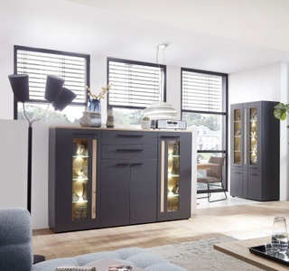 Red Living, home24 Highboard Parolin, Livetastic Highboard 180/133/37 cm , eiche , Graphitfarben, Eichefarben , Kunststoff , Glasböden: 6, Holzböden: 2 Fächer , 2 Schubladen , 180x133x37 cm , matt, Dekorfolie,Dekorfolie,Nachbildung,Nachbildung , Beimöbel erhältlich , 002737008502