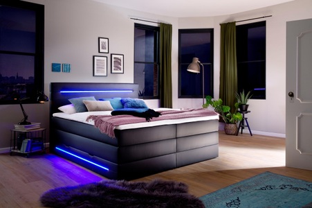meise.moebel, home24 Boxspringbett Lights, Boxspringbett «Pulse» mit Bettkasten, Matratze fest bis hart, 180 x 200 cm, schwarz