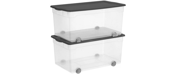 Rotho, Rotho Roller 4, 63 l mit Deckel und Rollen, 2er-Set Aufbewahrungsbox, ROTHO Aufbewahrungsbox »Clear 2 Stück, Schwarz/Transparent«