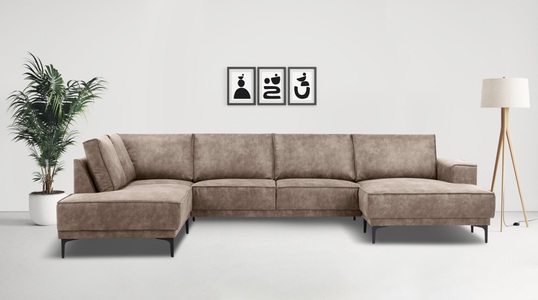 PLACES OF STYLE, Places of Style Wohnlandschaft »XXL Sofa Oland, Struktur, Flachgewebe, Luxus-Microfaser, Boucle«, U-Form, 345 cm, Wellenunterfederung, Skandi-Design, Metallfüsse, GOODproduct Wohnlandschaft »XXL Sofa Oland, Struktur, Flachgewebe, Luxus-Microfaser, Boucle« U-Form, 345 cm, Wellenunterfederung, Skandi-Design, Metallfüsse
