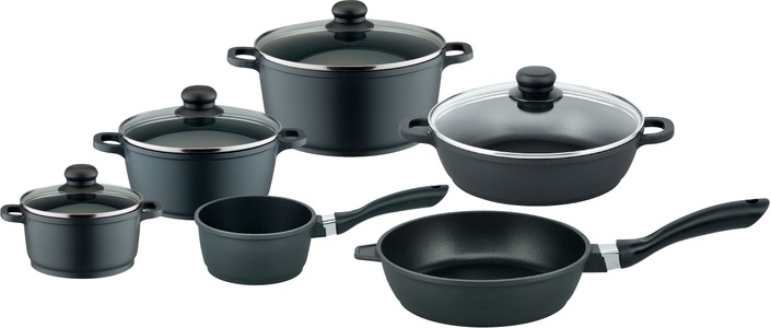 Elo - Basic, Elo Basic Topf-Set »Black Cast« (Set, 10-tlg.), Elo Basic Topf-Set »Black Cast«, Aluminiumguss, (Set, 10 tlg., je 1 Kochtopf 16/20/24 cm, Stielkasserolle 16 cm, 2 Pfannen 24 cm), Induktion