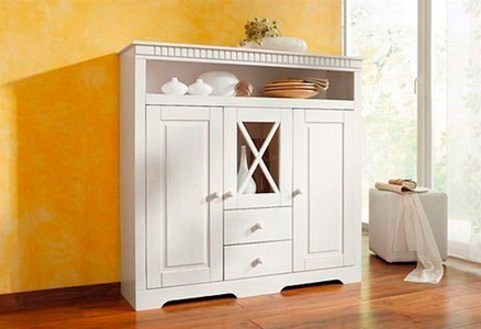 Home affaire Highboard »Lisa«, aus massivem Kiefernholz, mit dekorativen Fräsungen an der Topplatte