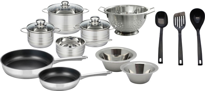 Elo - Basic, Elo Basic Topf-Set, Edelstahl, (Set, 17 tlg.), Induktion, Elo Basic Topf-Set, Edelstahl, (Set, 17 tlg., 3 Töpfe m. Deckel, 1 Kasserolle, 2 Pfannen, Küchenhelfer), Induktion