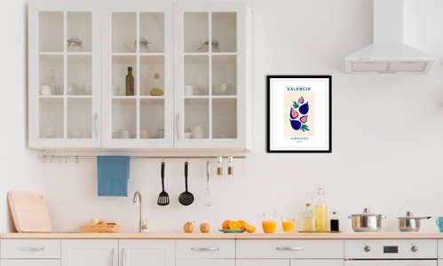 QUEENCE, queence Bild »Valencia«, (1 St.), gerahmt, queence Bild »Valencia«, Obst-Obst Bilder-Essen-Lebensmittel-Art-Kunst-Schriftzug, (1 St.), HD Premium Poster-Druck inkl. Holzrahmen