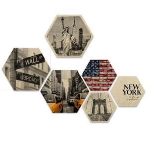 Wall-Art, Wall-Art Mehrteilige Bilder »New York Collage Stadt Holzdeko« (Set), Wall-Art Mehrteilige Bilder »New York Collage Stadt Holzdeko«, (Set, 6 St., Dekorative Wanddekoration), Holzschild Collage