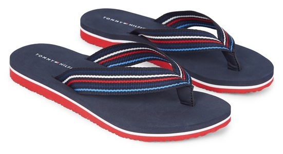 Tommy Hilfiger, Tommy Hilfiger Zehentrenner »TH STRIPES BEACH SANDAL«, Tommy Hilfiger Zehentrenner »TH STRIPES BEACH SANDAL«, Sommerschuh, Schlappen, Poolsildes mit bunten Streifen
