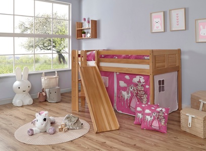 TICAA, Ticaa Hochbett »Ekki«, Ticaa Hochbett »Ekki«, mit Rollrost und Textil-Set wahlweise mit Matratze, Buche