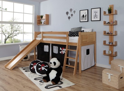 TICAA, Ticaa Hochbett »Ekki«, Ticaa Hochbett »Ekki«, mit Rollrost und Textil-Set wahlweise mit Matratze, Buche