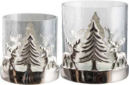 Creativ home Windlicht »Kerzenhalter Baum mit Reh«, (Set, 2 St.), mit Weihnachtslandschaft, Weihnachtsdeko