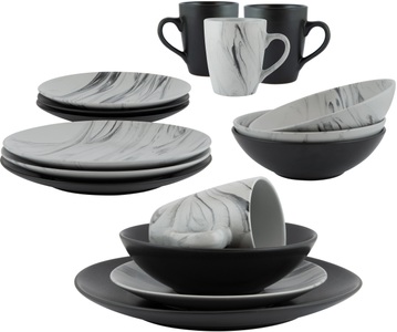 LEONIQUE, Leonique Kombiservice »Truro«, (Set, 16 tlg.), Schiefer schwarz/Marmor-Optik, sortiert, Leonique Kombiservice »Geschirr-Set, Service Truro«, (Set, 16 tlg.), Schiefer schwarz/graue Marmor-Optik, sortiert, 16 Teile für 4 Personen