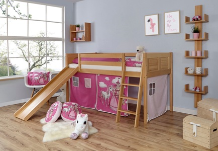 TICAA, Ticaa Hochbett »Ekki«, Ticaa Hochbett »Ekki«, mit Rollrost und Textil-Set wahlweise mit Matratze, Buche