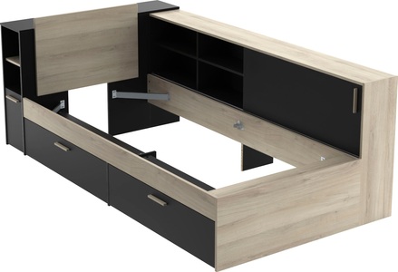 Vente-unique, Kombi-Bett mit Stauraum - 90 x 190200 cm - Schwarz & Holzfarben - LIARA Kombi-Bett mit Stauraum - 90 x 190200 cm - Schwarz & Holzfarben - LIARA, Demeyere GROUP Einzelbett, Liegefläche 90 x 200 cm, ohne Matratze