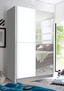 undefined, Schwebetürenschrank mit Spiegel, Teleskopkleiderstange und zusätzlichen Boden, P & B Schwebetürenschrank in weiss , Fast B: 125 CM WEIß , Glas , 6 Fächer , 125x195.5x38 cm , Dekorfolie,Dekorfolie,verspiegelt , 002522011102