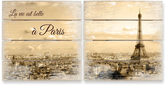 Wall-Art, Wall-Art Mehrteilige Bilder »Holzbild Set Paris Skyline Collage« (Set), 