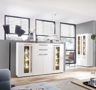 home24, home24 Highboard Parolin, Livetastic Highboard 180/133/37 cm , weiß , Weiss, Eichefarben , Kunststoff , Glasböden: 6 Holzböden: 2 Fächer , 2 Schubladen , 180x133x37 cm , matt, Dekorfolie,Dekorfolie,Nachbildung,Nachbildung , Beimöbel erhältlich , 002737008512