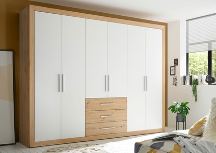 Schlafkontor, Schlafkontor Drehtürenschrank »Fernando«, MID.YOU Drehtürenschrank in weiss, eichefarben , Fernando , 4 Fächer , 3 Schubladen , 289x225x59 cm , Dekorfolie,Dekorfolie , 002522033801