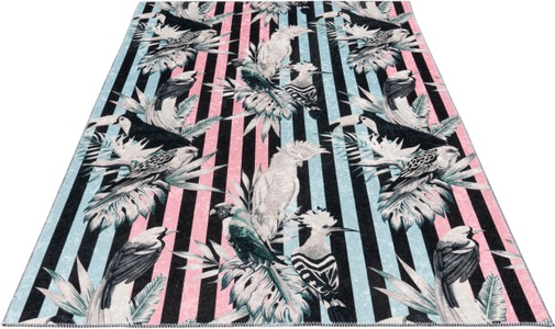 Obsession, Obsession Teppich »Exotic 11m«, rechteckig, 5 mm Höhe, Kurzflor, modernes Streifen Design, Motiv Vögel, Wohnzimmer, 