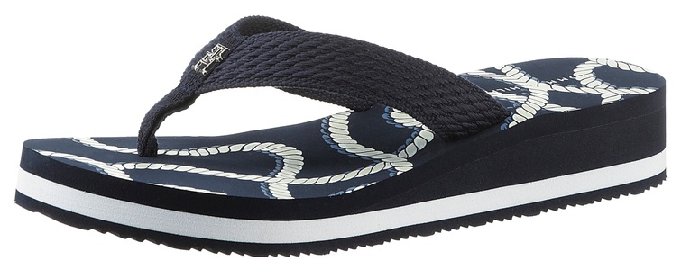 Tommy Hilfiger, Tommy Hilfiger Zehentrenner »TOMMY ROPE M WEDGE SANDAL«, mit bedruckter Decksohle, 