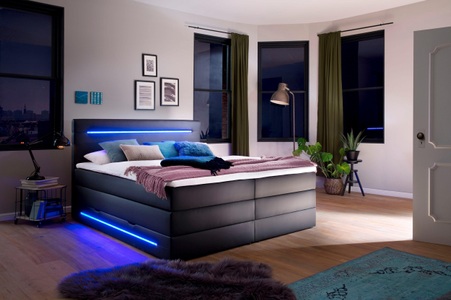 meise.moebel, home24 Boxspringbett Lights, Boxspringbett «Pulse» mit Bettkasten, Matratze fest bis hart, 160 x 200 cm, schwarz