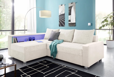 COLLECTION AB, COLLECTION AB Ecksofa, inklusive Bettfunktion, Bettkasten und Federkern, wahlweise mit RGB-LED-Beleuchtung und USB-Port, Inklusive seitlichem Regalboden, Ottomane links oder rechts montierbar, COLLECTION AB Ecksofa »Relax L-Form« inklusive Bettfunktion, Federkern, wahlweise mit RGB-LED-Beleuchtung