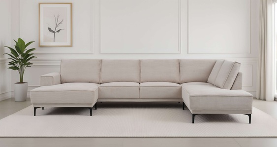 PLACES OF STYLE, PLACES OF STYLE Wohnlandschaft »XXL Sofa Oland, Struktur, Flachgewebe, Luxus-Microfaser, Boucle« U-Form, 345 cm, Wellenunterfederung, Skandi-Design, Metallfüsse, GOODproduct Wohnlandschaft »XXL Sofa Oland, Struktur, Flachgewebe, Luxus-Microfaser, Boucle« U-Form, 345 cm, Wellenunterfederung, Skandi-Design, Metallfüsse