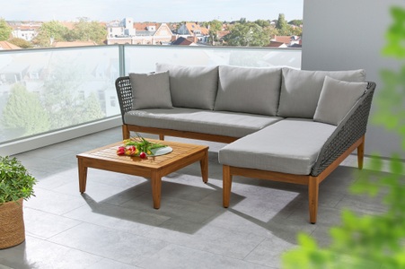 Timbers, Timbers Gartenlounge-Set »Sunnyvale«, (3 tlg.), Timbers Gartenlounge-Set »Sunnyvale«, (Set, 3 tlg., 2x Sofa, 1x Tisch/Hocker 70x70x28 cm), inkl. Auflagen, Gestell aus hochwertigem Massivholz