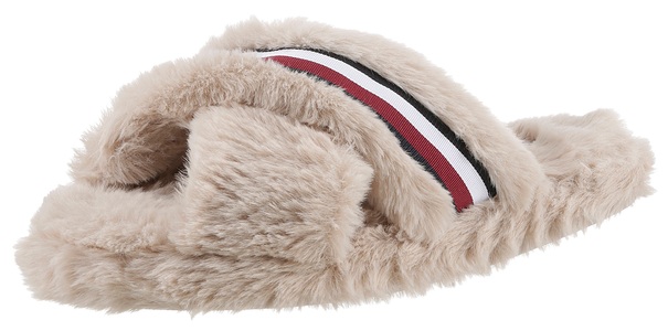 Tommy Hilfiger, Tommy Hilfiger Plüsch Hausschuhe »FUR CROSS STRAP HOME SLIPPER«, mit Streifen in Tommy Farben, 