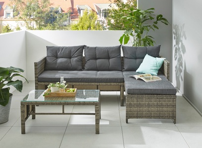 KONIFERA, KONIFERA Gartenlounge-Set »Cádiz«, (Set, 7 tlg., 1x Eckbank, 1x Tisch 80x45x37), inkl. Sitz- u. Rückenkissen, KONIFERA Gartenlounge-Set »Cádiz«, (Set, 7 tlg., 1x Eckbank, 1x Tisch 80x45x37cm, inkl. Auflagen, Stahl, Polyrattan), Tischplatte aus Sicherheitsglas, Balkonset, 3 Personen