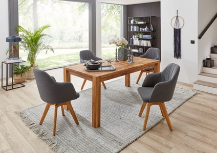 Holzzone, Holzzone Essgruppe »Ben«, (Set, 5 tlg.), Essgruppe, Wildeiche massiv, bestehend aus 4 modern gepolsterten Stuhl-Sesseln und einem 140 cm breiten Tisch, 